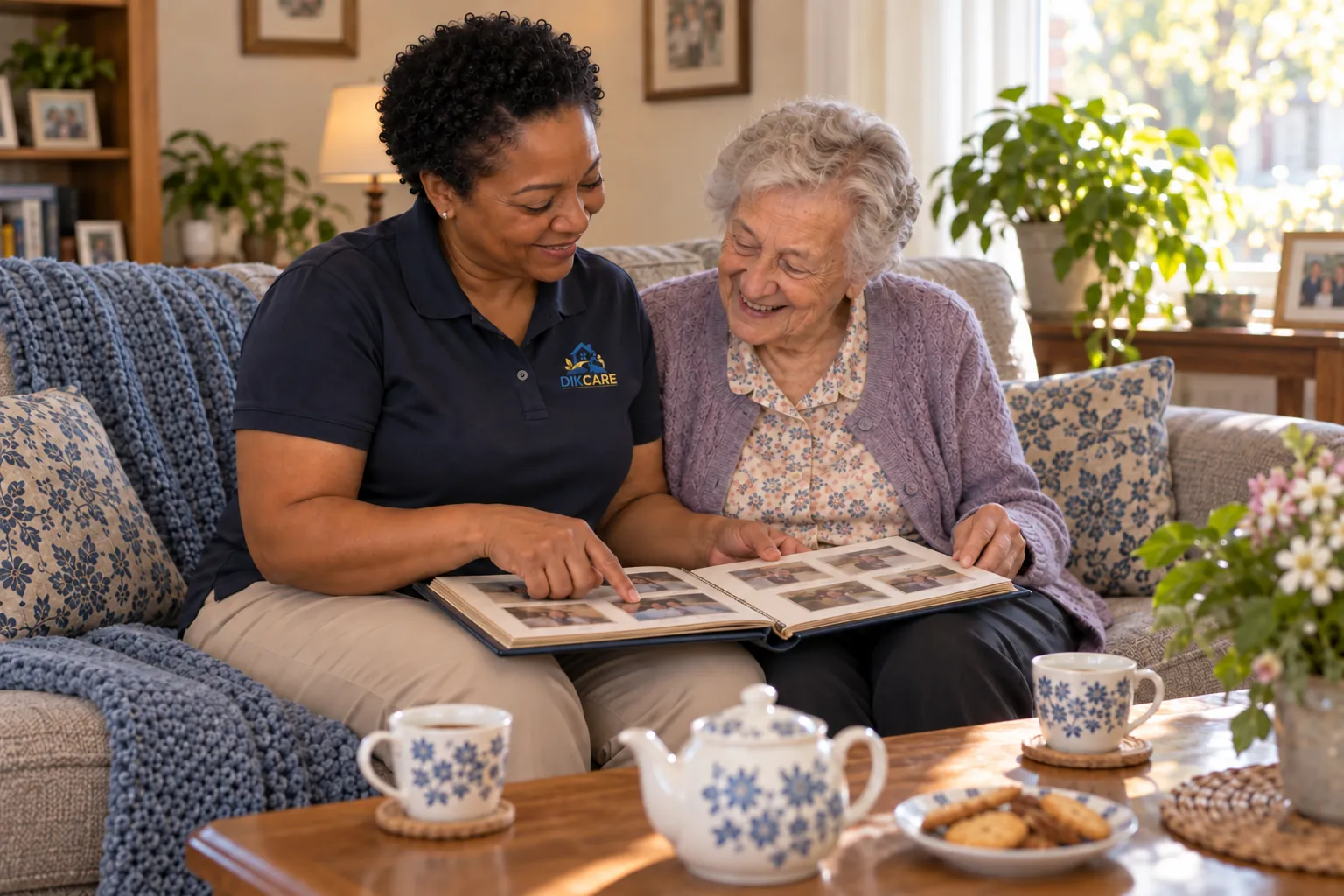 The support worker and a senior share tea and conversation.