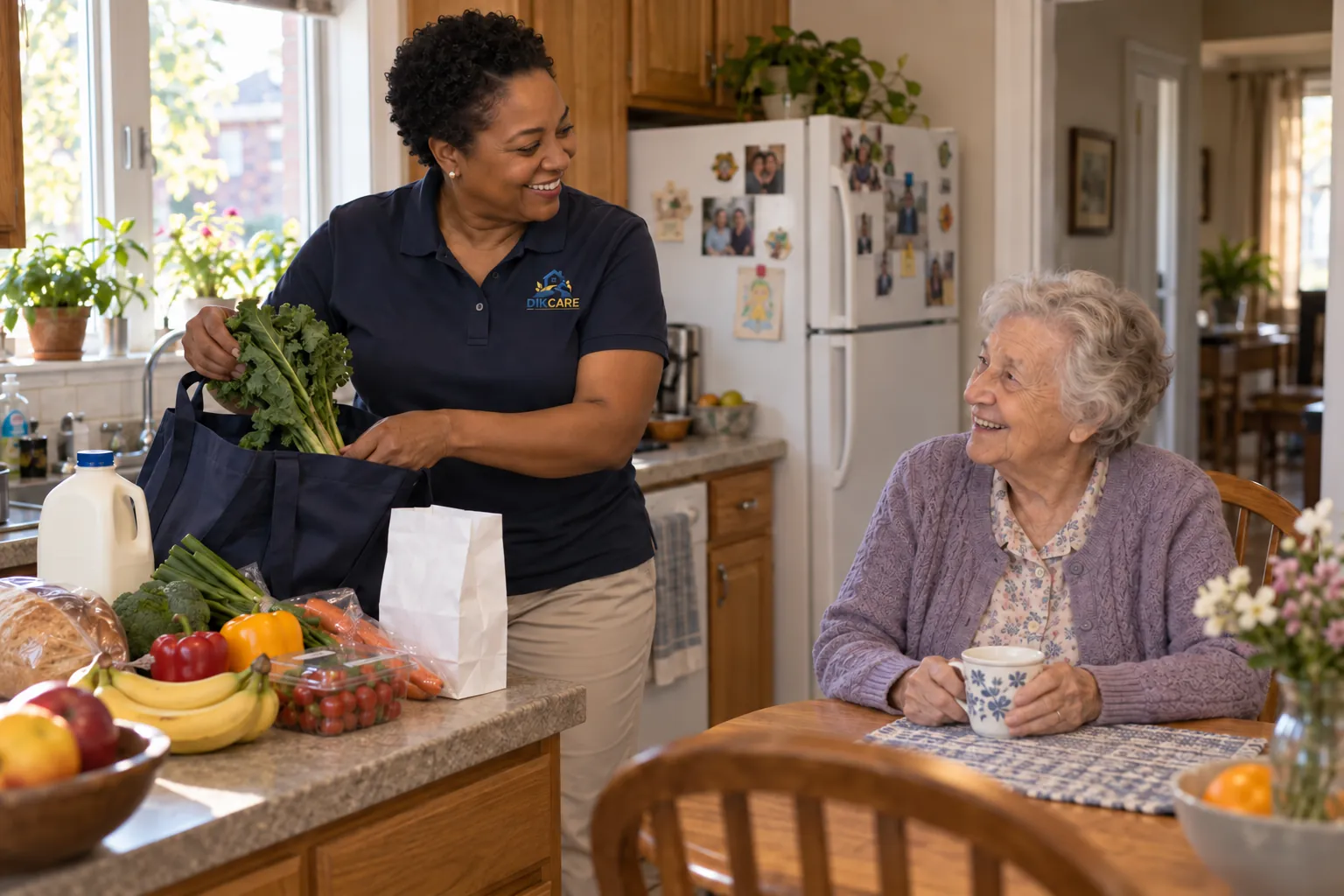 The support worker unpacks groceries in the kitchen, a pharmacy bag beside them.