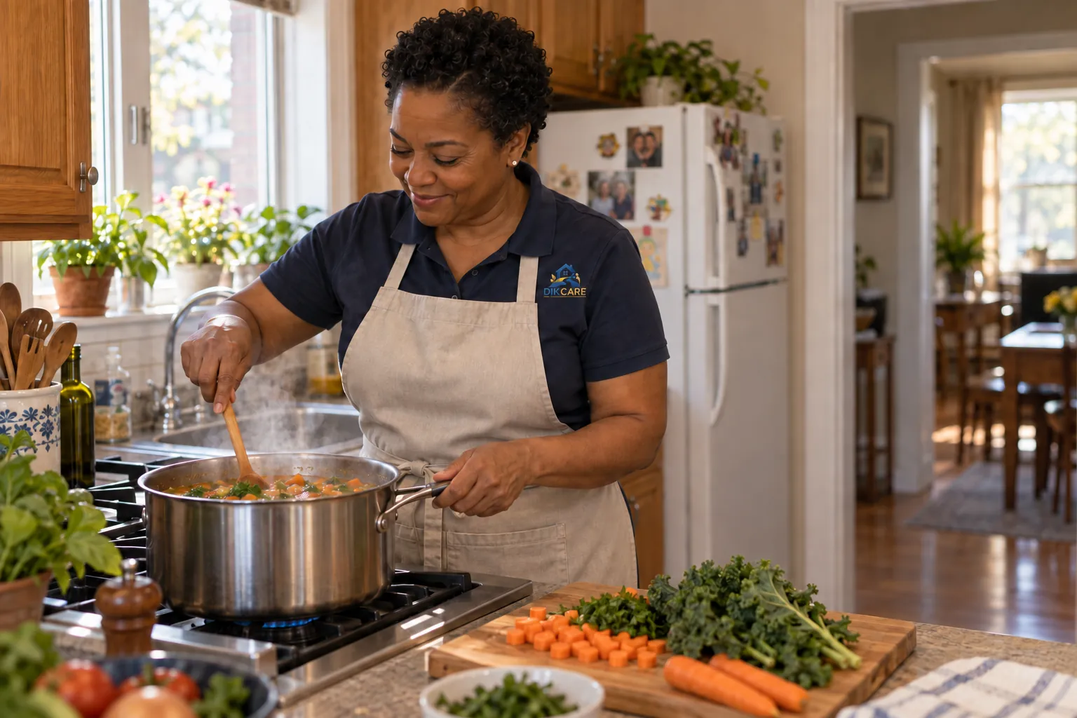 The support worker cooks a home-made soup in a clean kitchen.