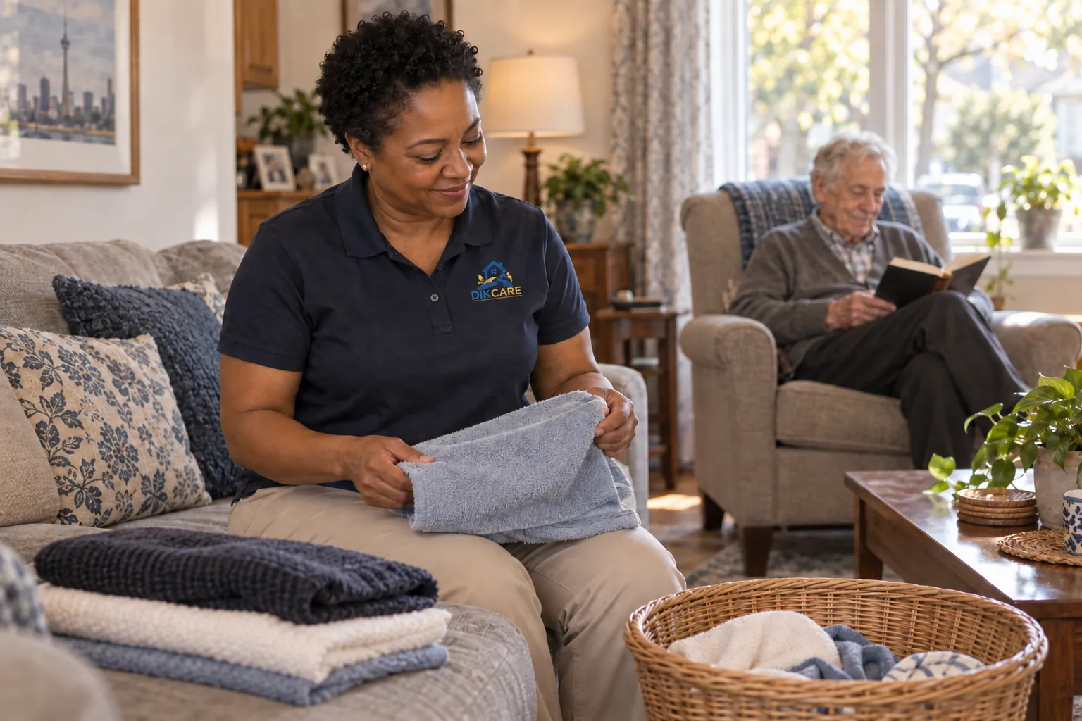 The support worker folds clean laundry in a bright living room.