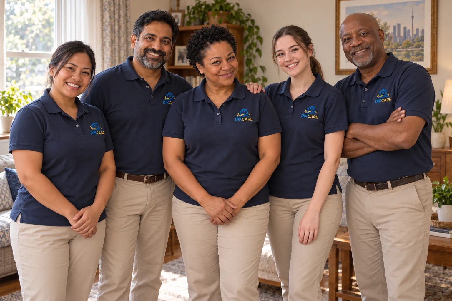 The DIKCARE team, five people in navy polo shirts embroidered with the logo, in a bright living room.