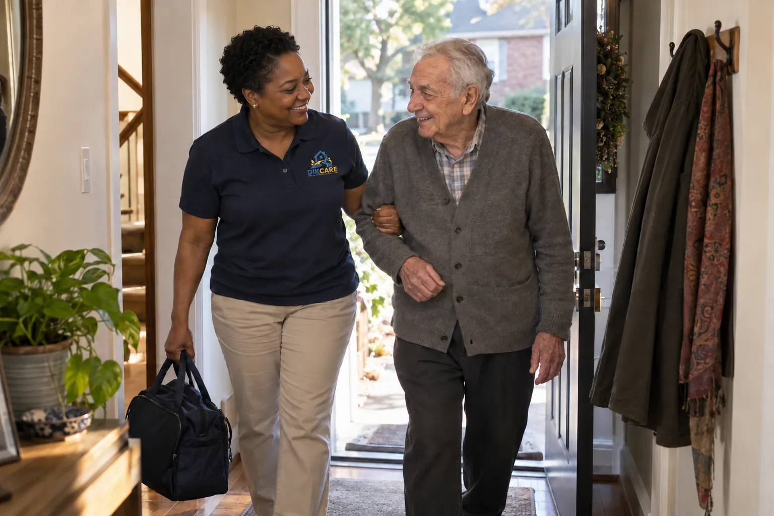A DIKCARE support worker holds the arm of a senior coming back home.