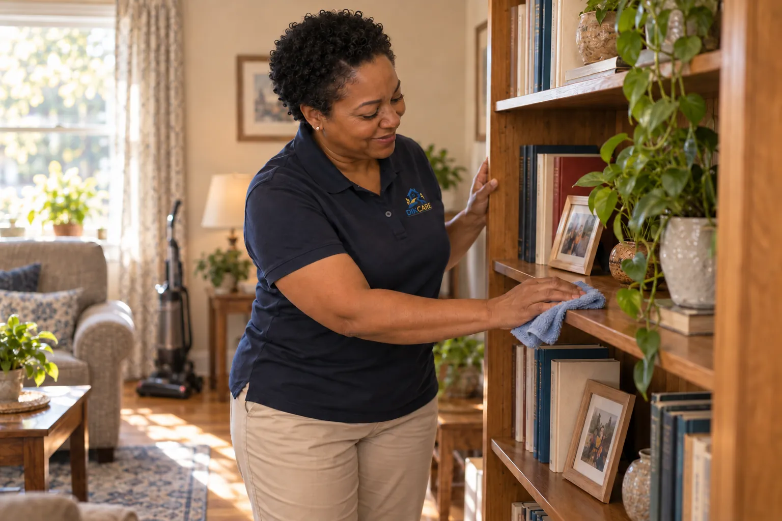 The support worker dusts a shelf in a tidy living room.