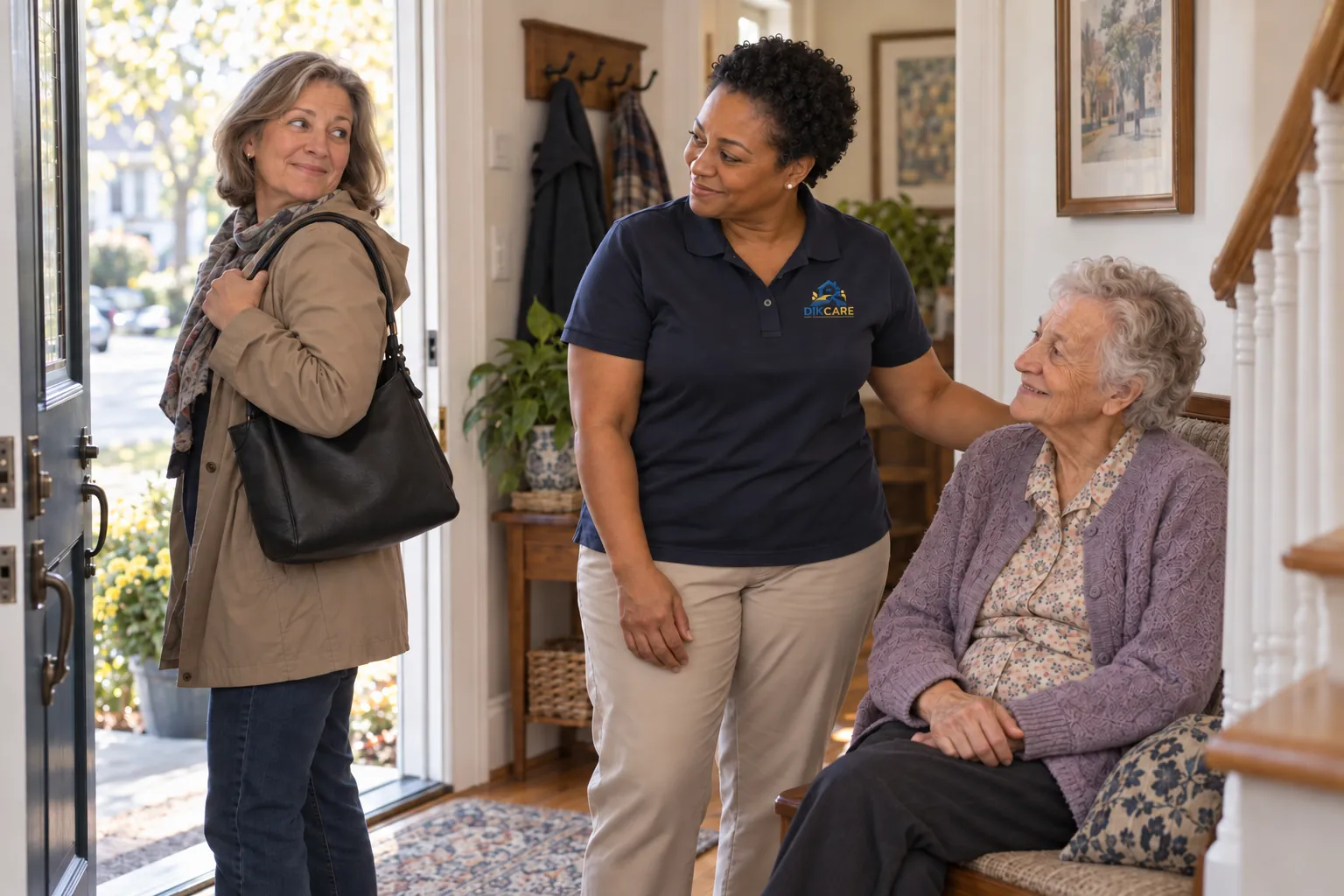 A family caregiver takes a breath, reassured, while the support worker takes over.