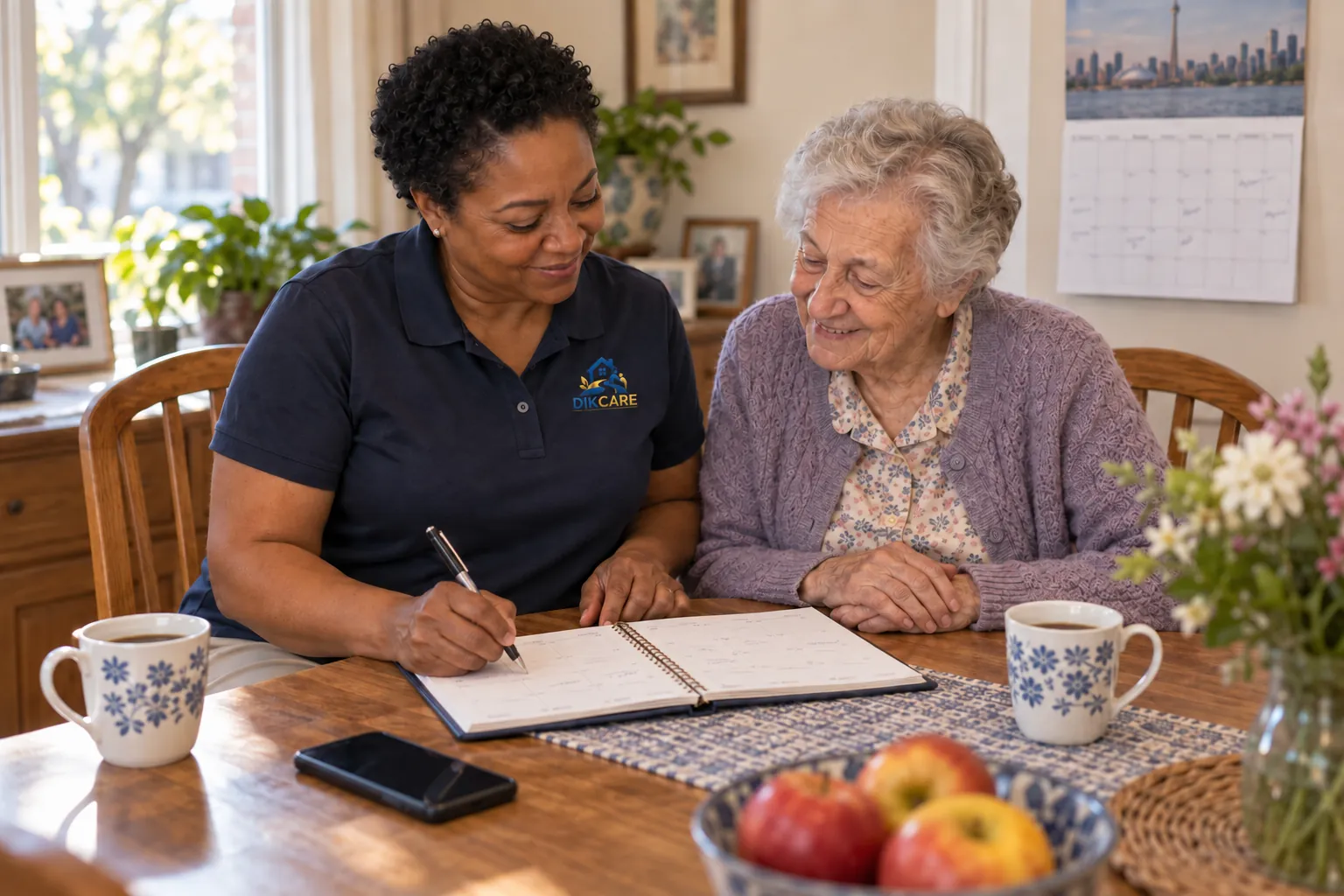 The support worker writes appointments in a planner with a senior.